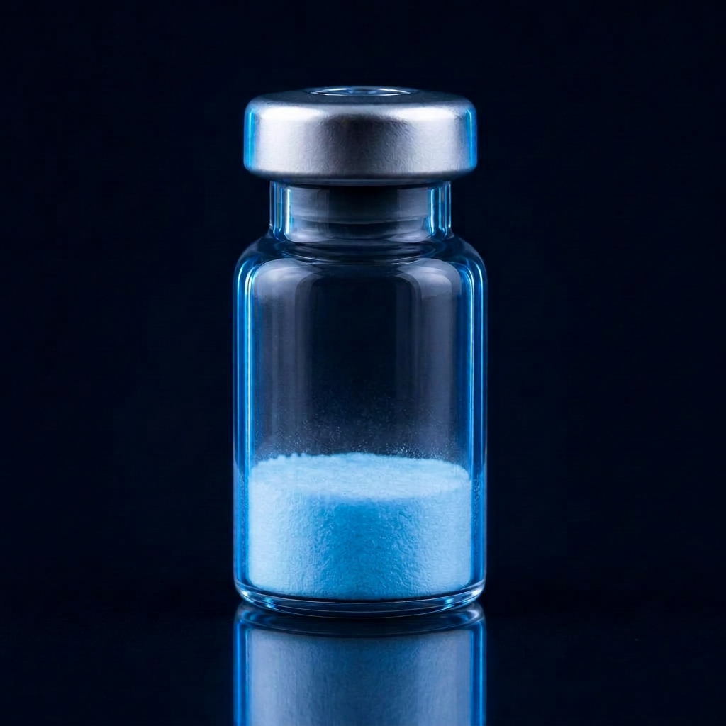 Glass vial of light blue GHK-Cu copper peptide research powder