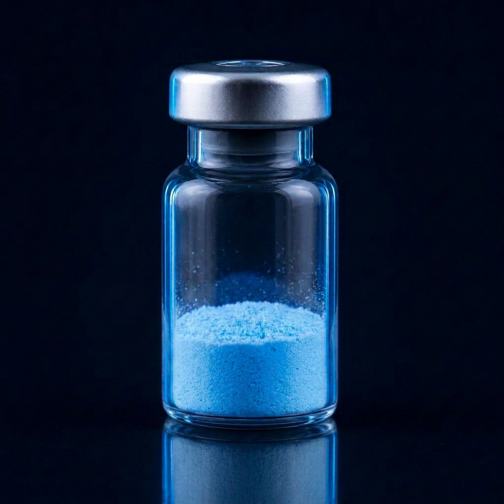 Glass vial of light blue KLOW blend research peptide powder